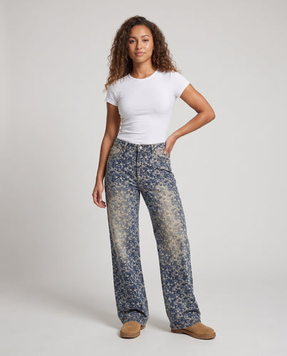 Damen High‑Waist Flared Jeans im Vintage‑Sternenprint mit weitem Bein Nord Taschen