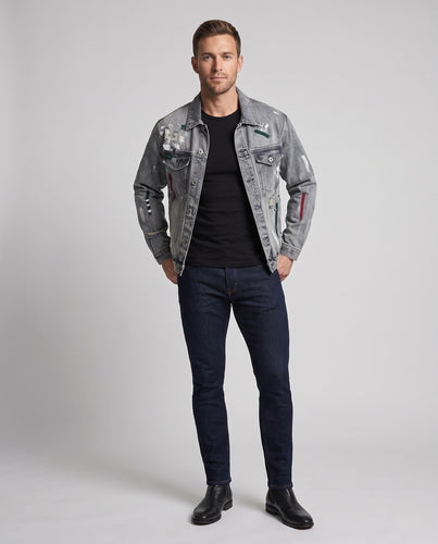 Herren Oversized Jeansjacke mit Used‑Effekt, Pinselstrich-Applikationen und Druckknopfverschluss Nord Taschen