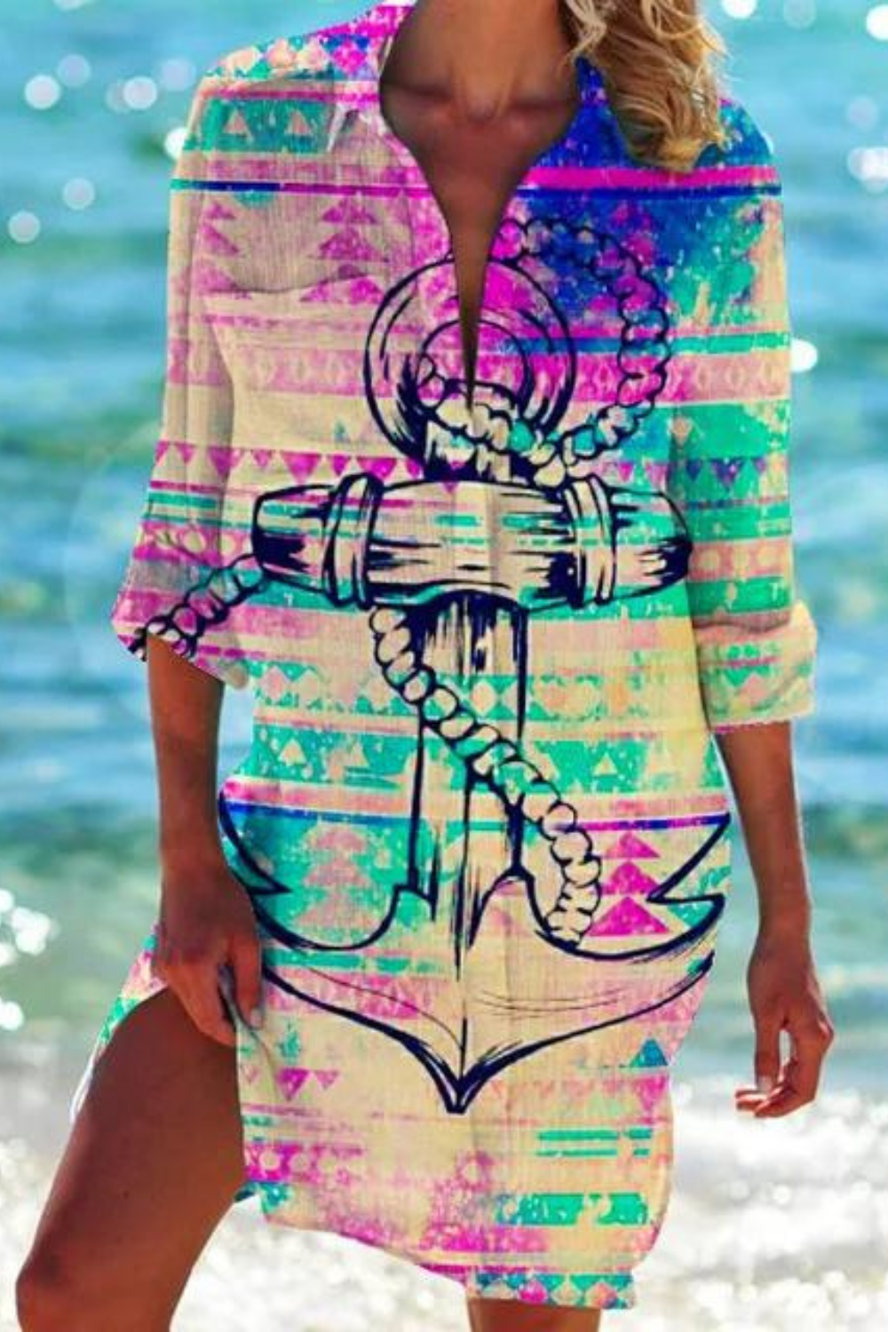 Nord Taschen - Lange Strandbluse mit Meeresmotiv