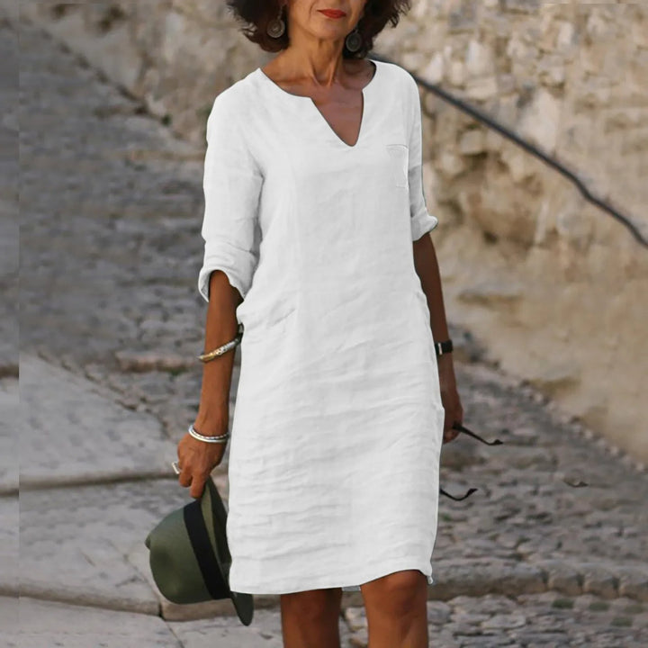 Rona Leinen Shiftkleid mit V-Ausschnitt und Taschen