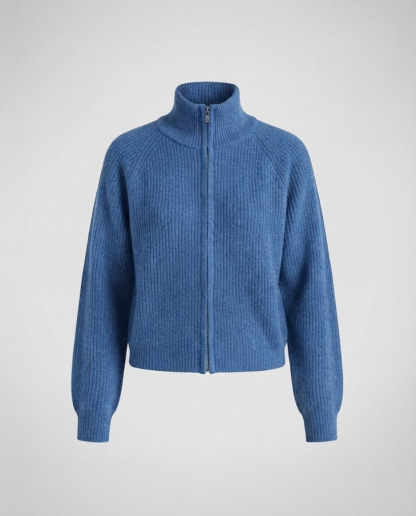 Damen gerippte Strickjacke mit Stehkragen und Reißverschluss Nord Taschen