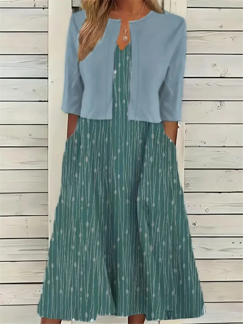 elegantes zweiteiliges Blumenkleid-Set mit einfarbigem Crop-Top und Kleid mit Rundhalsausschnitt