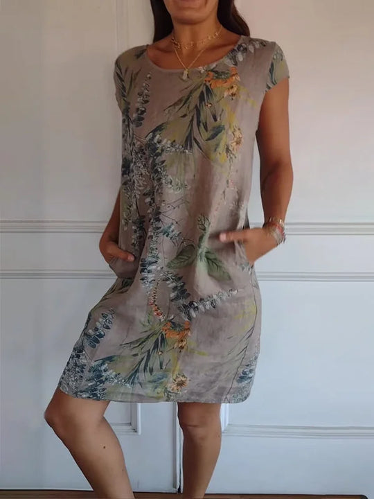 Damen Bedrucktes Baumwoll- und Leinenkleid
