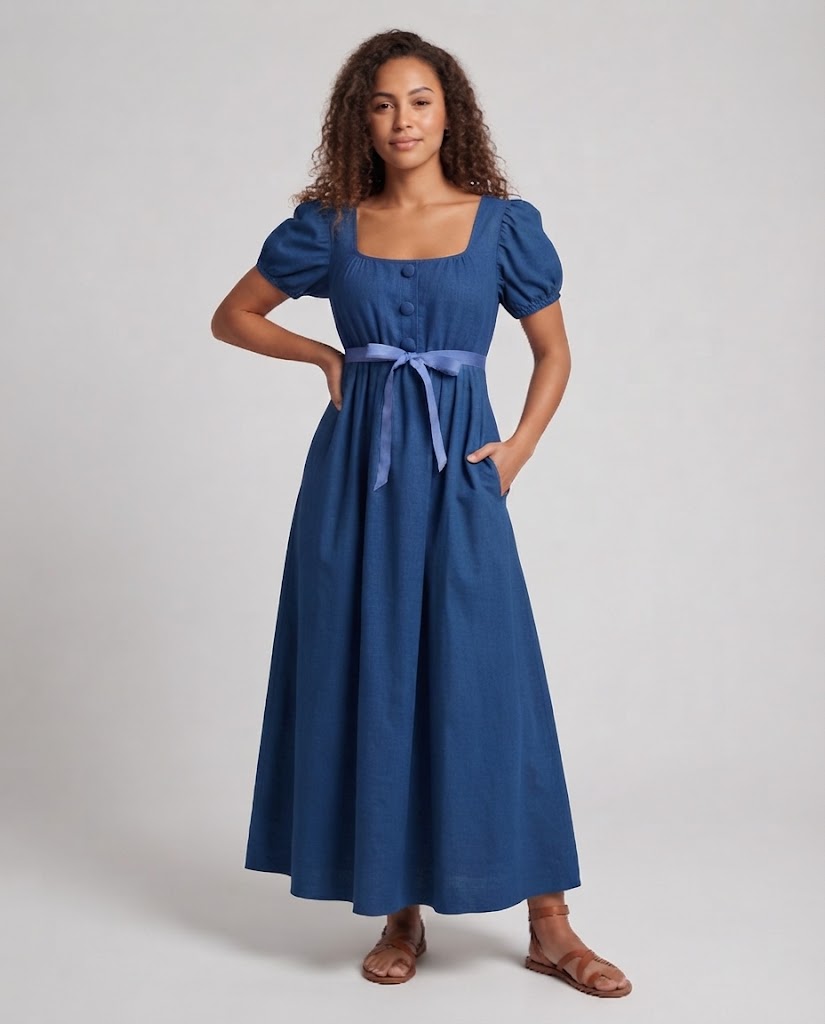 Frauen Elegantes Maxikleid mit Puffärmeln und Taillengürtel Nord Taschen