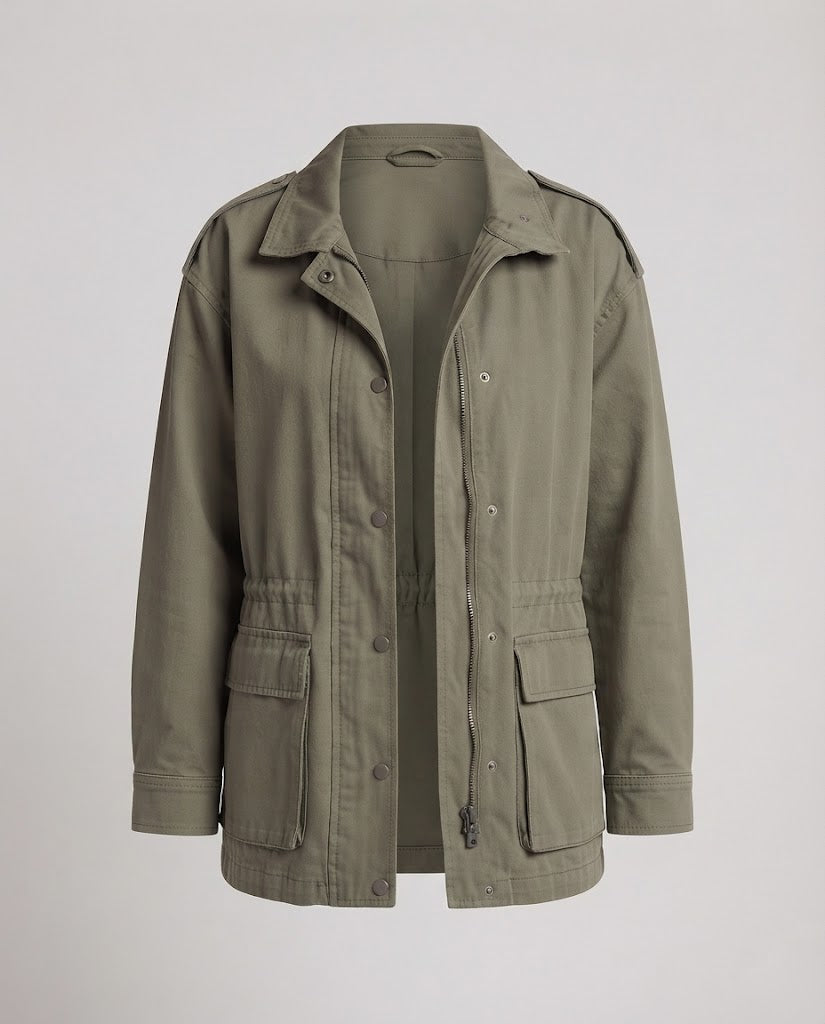 Damen Oversize-Fieldjacke im Military-Look mit Tunnelzugtaillierung und großen Pattentaschen Nord Taschen