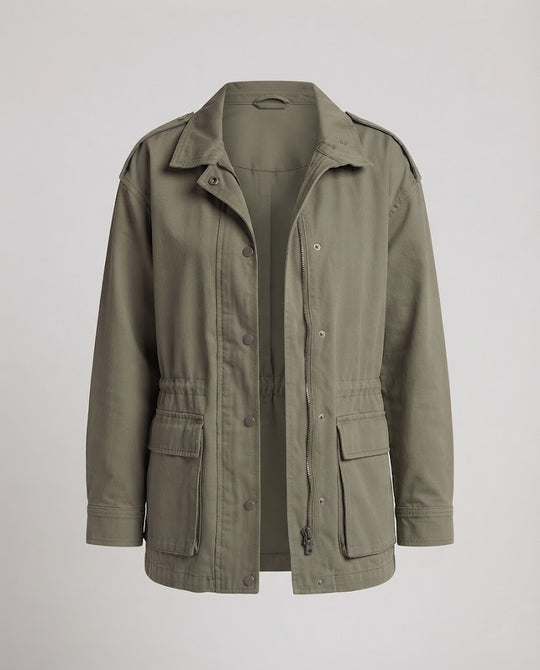 Damen Oversize-Fieldjacke im Military-Look mit Tunnelzugtaillierung und großen Pattentaschen Nord Taschen