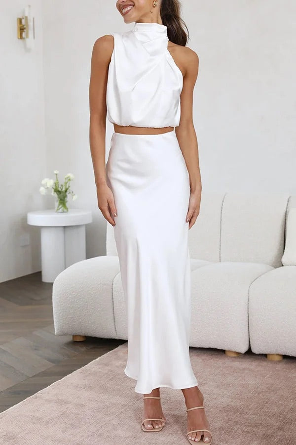 Solch Eine Stimmung Hochgeschlossene Satin Drapiert Maxirock Set