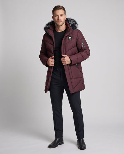 Herren Langer gesteppteter Winterparka mit Kunstfellkapuze und Teddyfutter Nord Taschen
