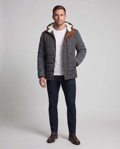 Herren Hybrid-Steppjacke mit Strickärmeln, Kapuzenkragen und Teddyfutter Nord Taschen