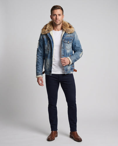 Herren Gefütterte Denimjacke mit Kunstpelzkapuze und Teddyfutter verwaschener Retro-Look Nord Taschen