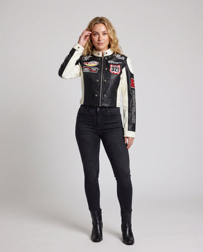 Damen taillierte Motorrad-Lederjacke mit asymmetrischem Reißverschluss, Taillengürtel und gesteppter Schulter Nord Taschen