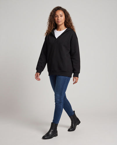 Damen Lässiger Oversize‑Kapuzenpullover mit V‑Kragen, French‑Terry und verlängertem Saum Nord Taschen
