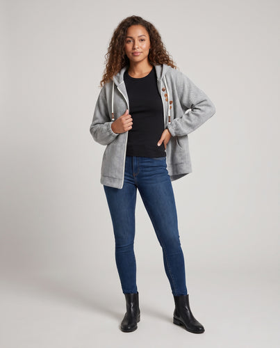 Damen Oversize Kapuzenjacke mit Glitzereffekt, Frontreißverschluss und Perlenkordel Nord Taschen