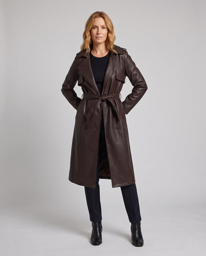 Damen Langer Kunstleder-Trenchcoat mit gesteppter Innenfütterung, doppelreihiger Knopfleiste und Bindegürtel Nord Taschen