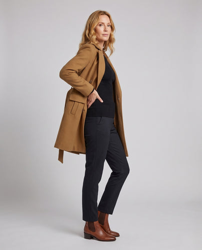 Damen Doppelreihiger Wollmantel mit Taillengürtel und Schalkragen Nord Taschen