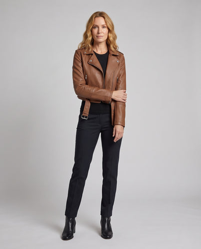 Damen Cropped-Bikerjacke aus veganem Leder mit Taillengürtel und Reißverschluss-Details Nord Taschen