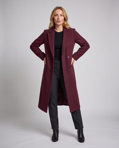 Damen Maxilanger Zweireihiger Wollmix-Mantel mit schlanker Silhouette und Seitenschlitzen Nord Taschen