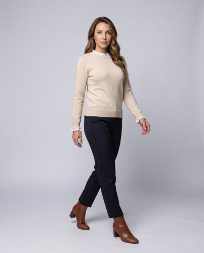 Damen Feiner Rundhals-Pullover mit dekorativem Spitzenbesatz an Kragen und Ärmeln Nord Taschen