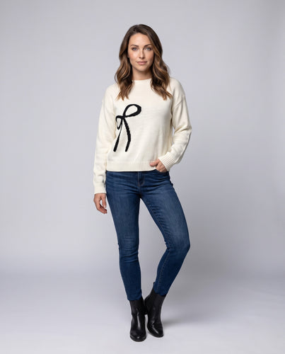 Damen Feinstrickpullover mit Intarsia‑Schleifenmotiv, Rundhalsausschnitt und lässiger Passform Nord Taschen