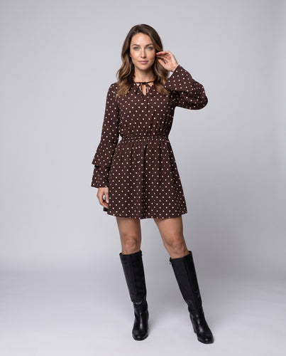 Damen Gepunktetes Mini-Kleid mit Taillengummi, Bindeschleife und Glockenärmeln Nord Taschen
