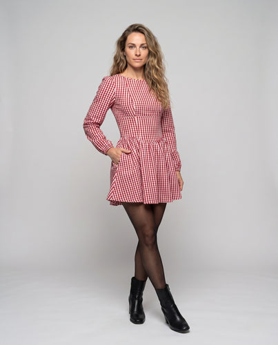 Damen Kariertes Taillenbetontes Minikleid mit Korsagennaht und gerafftem Rock Nord Taschen