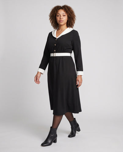 Damen Retro-inspiriertes A-Linien-Midikleid mit Kontrast‑Segelkragen, tailliertem Gürtel & dekorativer Knopfleiste Nord Taschen