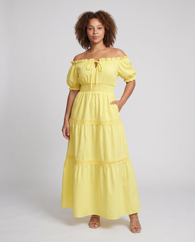 Damen Schulterfreies Maxi‑Sommerkleid mit Smokbund, Stufenrock und Puffärmeln Nord Taschen