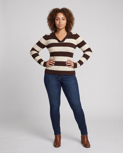Damen Taillierter Rippstrick-Polopullover mit weitem Kragen Nord Taschen