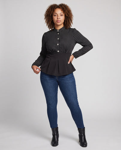 Damen Tailliertes Blusentop mit Nadelstreifen, Stehkragen und schmaler Peplum Nord Taschen