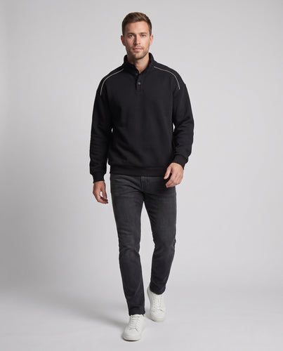 Unisex Oversize-Henley-Pullover mit Stehkragen, Knopfleiste und kontrastierenden Schulterpaspeln Nord Taschen