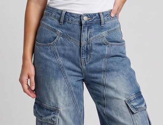 Damen Baggy Cargo-Jeans mit weitem Bein und elastischem Saum Nord Taschen