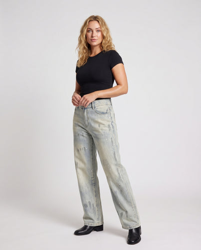 Damen Baggy-Jeans im Vintage‑Paint‑Effekt mit weitem Bein und tiefem Schritt Nord Taschen
