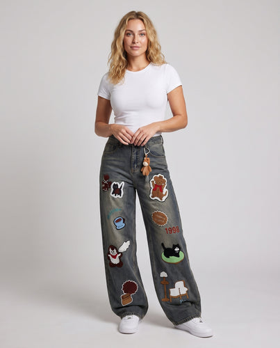 Damen Baggy-Jeans mit extra weitem Bein und bunten Applikations-Patches Nord Taschen