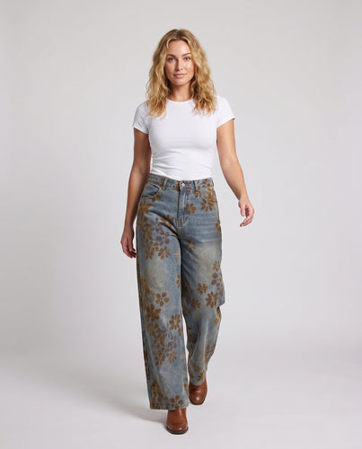 Damen Baggy-Jeans mit floralem Samtprint und weitem Bein Nord Taschen
