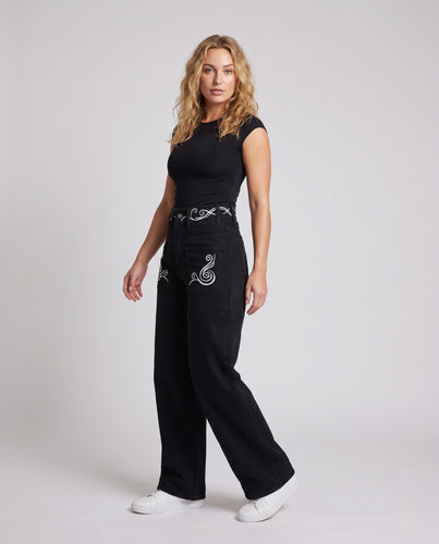 Damen Baggy-Jeans mit hohem Bund, weitem Bein und dekorativer Stickerei Nord Taschen