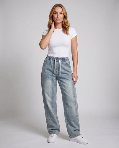 Damen Extraweite Denim-Palazzohose mit elastischem Tunnelzugbund und tiefem Schritt Nord Taschen