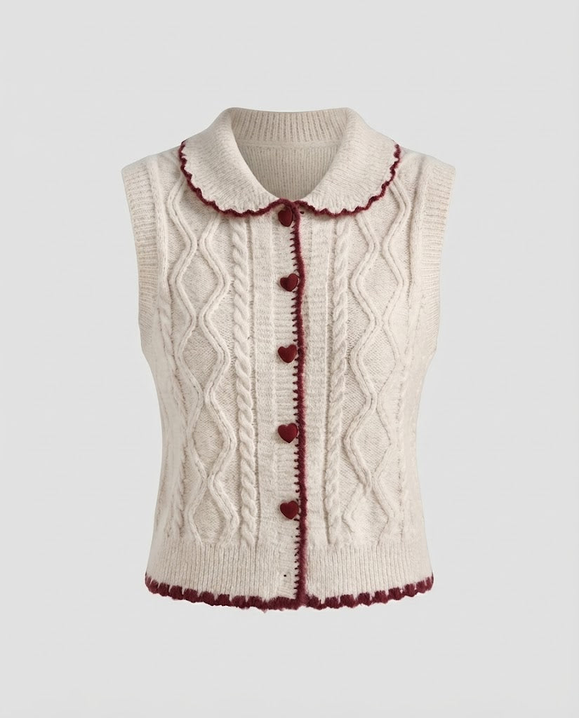 Damen Gestrickte Kurzweste mit Zopfmuster, Herzknopfleiste und Peter-Pan-Kragen Nord Taschen