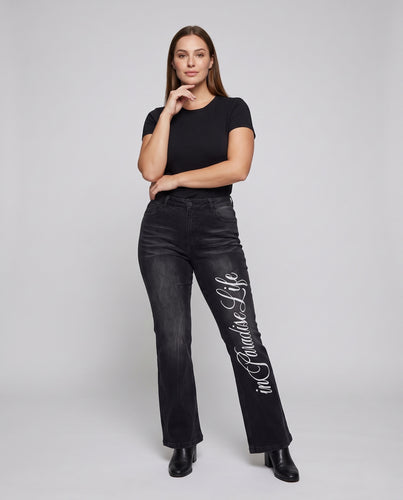 Damen Flared-Jeans mit weitem Schlag und seitlichem Script-Print Nord Taschen