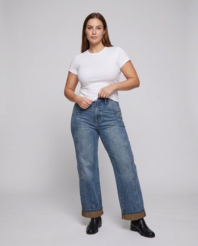 Damen Gefütterte Flared-Jeans mit weitem Bein, Ziernähten und Nieten Nord Taschen