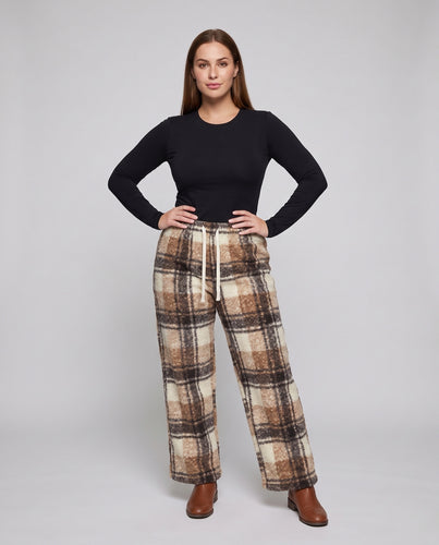 Damen Gefütterte karierte Palazzo-Loungehose aus Teddyfleece mit Tunnelzug Nord Taschen