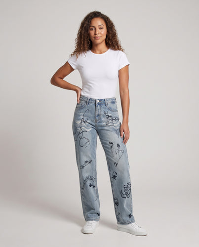 Damen Weite Baggy-Jeans mit Allover-Grafikprint und ausgefranstem Saum Nord Taschen