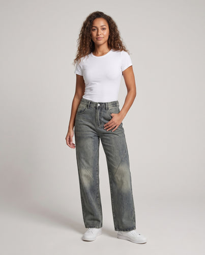 Damen Weite Denim-Jeans im Palazzo-Cut mit diagonalen Kniepaneelen Nord Taschen