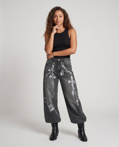 Damen Weite High-Waist-Jeans mit dekorativem Kreuz‑Chain‑Print Nord Taschen