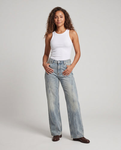 Damen Weite Paneel-Jeans mit hohem Bund und vintage-inspirierten Kontrastnähten Nord Taschen