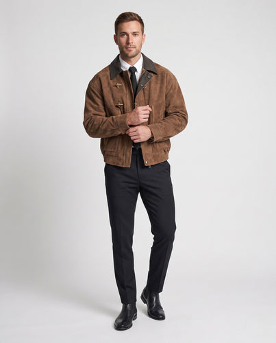 Herren Kurz geschnittene Veloursleder-Jacke mit Doppelverschluss und aufgesetzten Taschen Nord Taschen