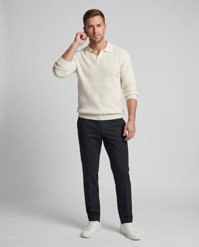 Herren Feines Struktur-Strick-Poloshirt mit offenem V-Kragen und gerippten Bündchen Nord Taschen