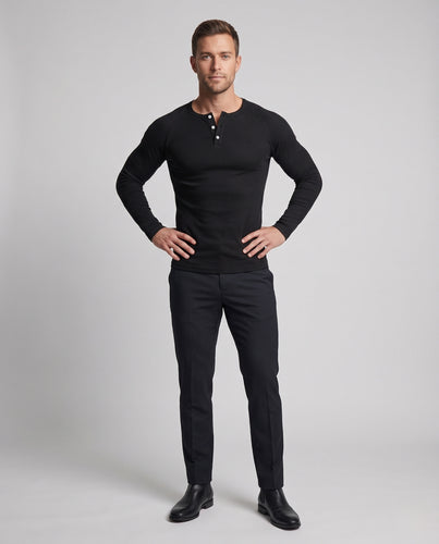 Herren Geripptes Slim‑Fit Henley‑Longsleeve mit Raglanärmeln Nord Taschen