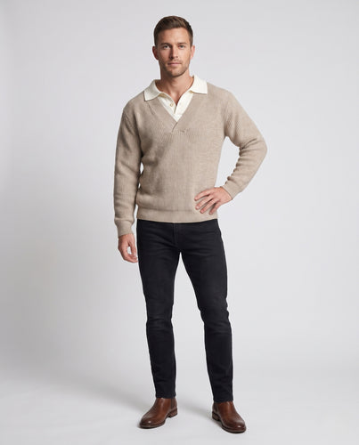 Herren Grobstrick-Pullover mit tiefem V-Ausschnitt und Layer-Polo-Optik Nord Taschen