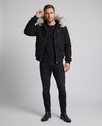 Herren Kapuzenzipjacke aus Teddyfleece mit abnehmbarem Kunstfellkragen und Kängurutasche Nord Taschen
