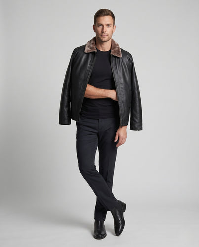 Herren Klassische Lederjacke mit Hemdkragen und verdecktem Reißverschluss Nord Taschen
